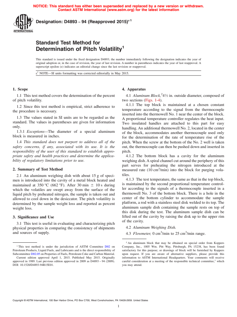 ASTM D4893-94(2015)e1 - Standard Test Method for  Determination of Pitch Volatility