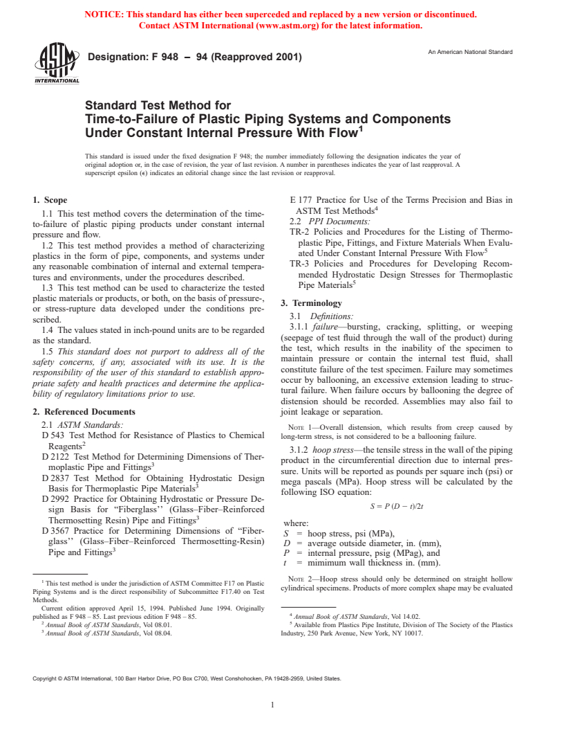 ASTM F948-94(2001) - Standard Test Method for Time-to-Failure of Plastic Piping Systems and Components Under Constant Internal Pressure With Flow