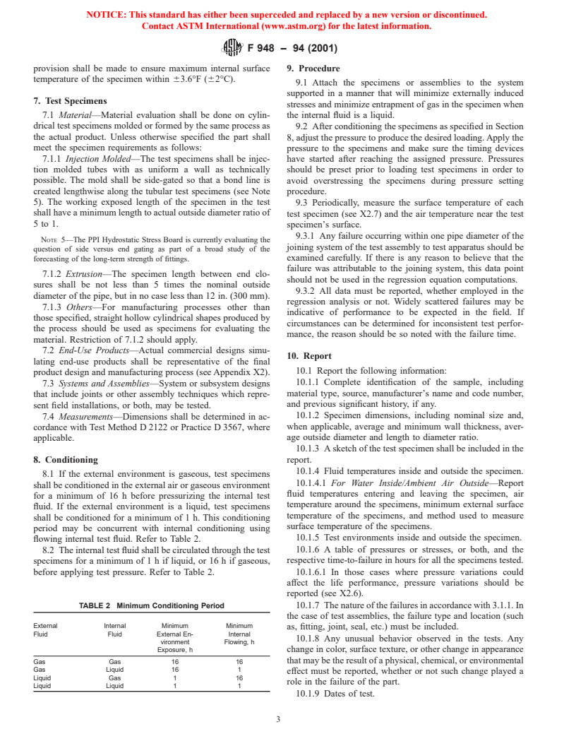 ASTM F948-94(2001) - Standard Test Method for Time-to-Failure of Plastic Piping Systems and Components Under Constant Internal Pressure With Flow