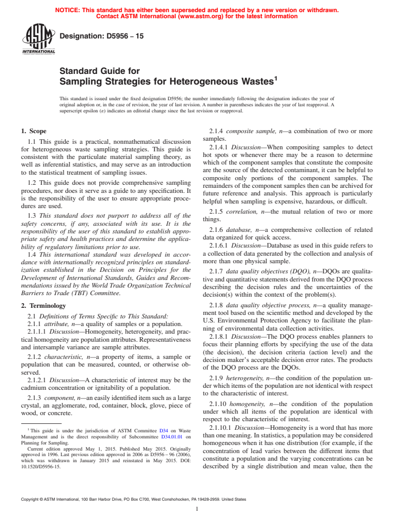 ASTM D5956-15 - Standard Guide for  Sampling Strategies for Heterogeneous Wastes