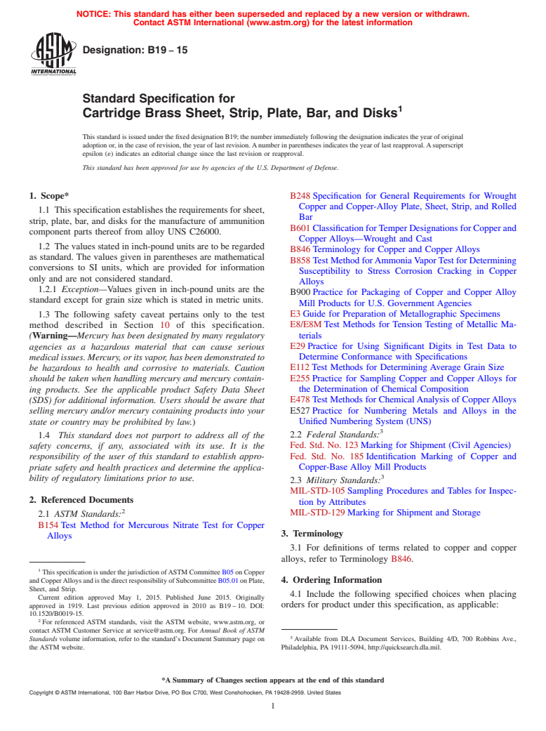 ASTM B19-15 - Standard Specification for Cartridge Brass Sheet, Strip, Plate, Bar, and Disks