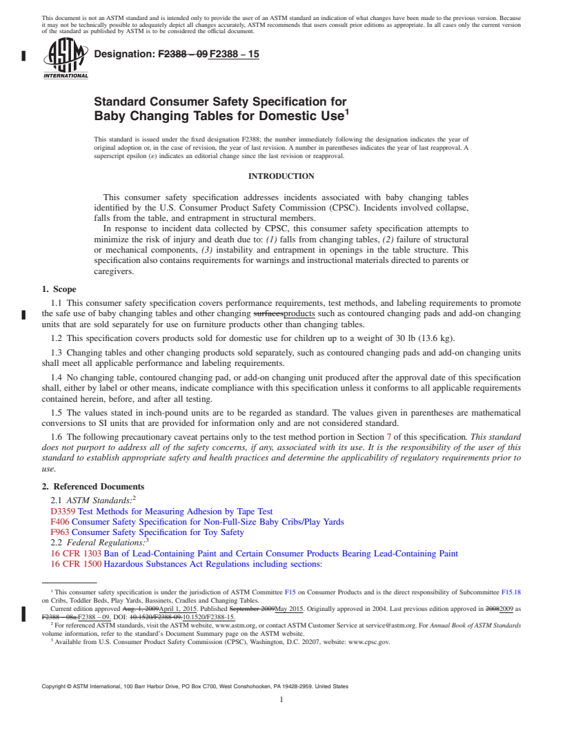 REDLINE ASTM F2388-15 - Standard Consumer Safety Specification for Baby Changing Tables for Domestic Use