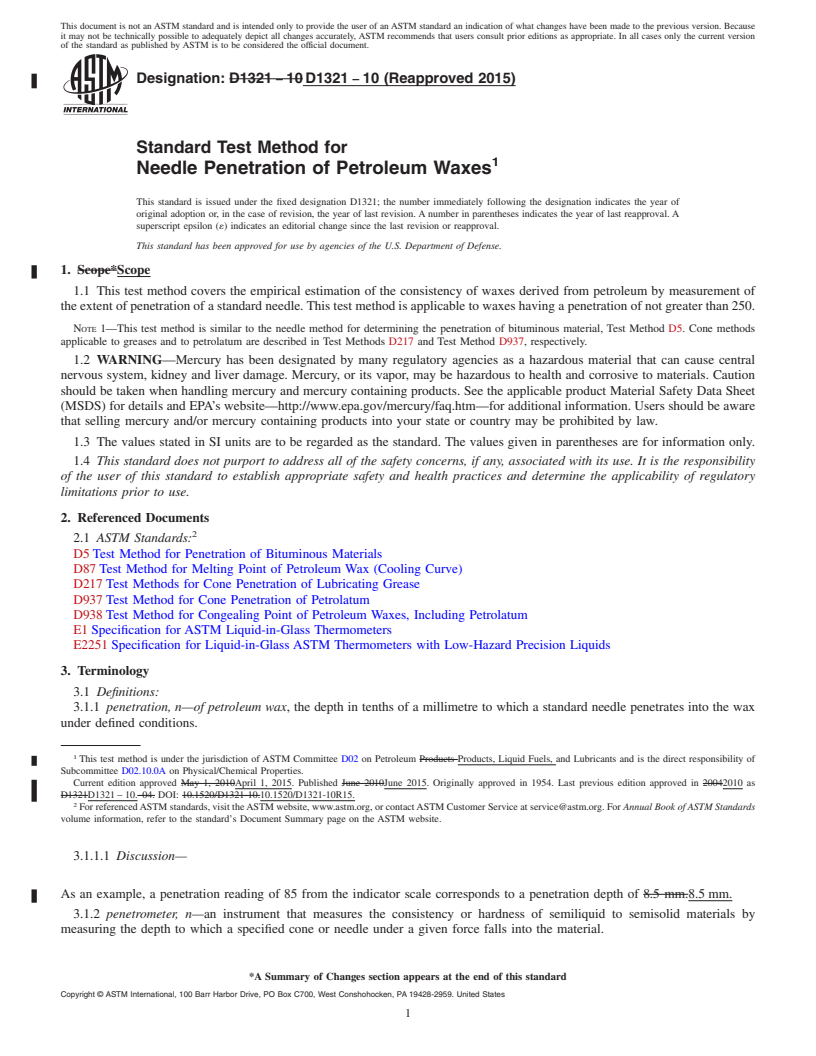 REDLINE ASTM D1321-10(2015) - Standard Test Method for  Needle Penetration of Petroleum Waxes