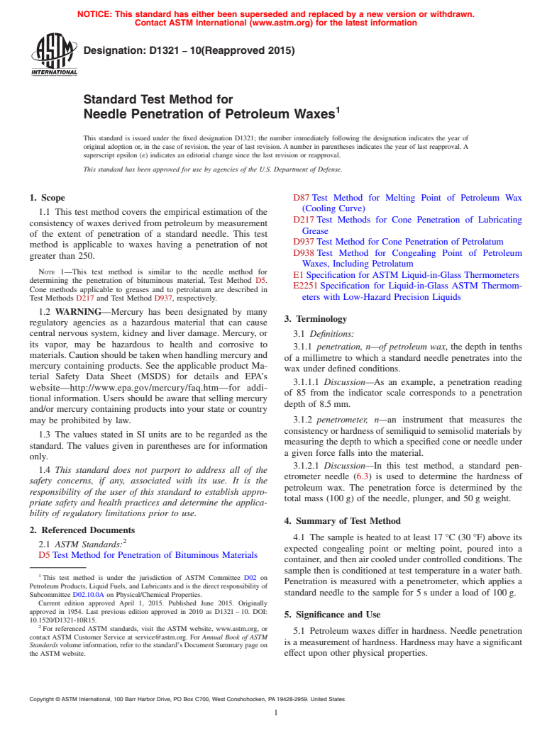 ASTM D1321-10(2015) - Standard Test Method for  Needle Penetration of Petroleum Waxes