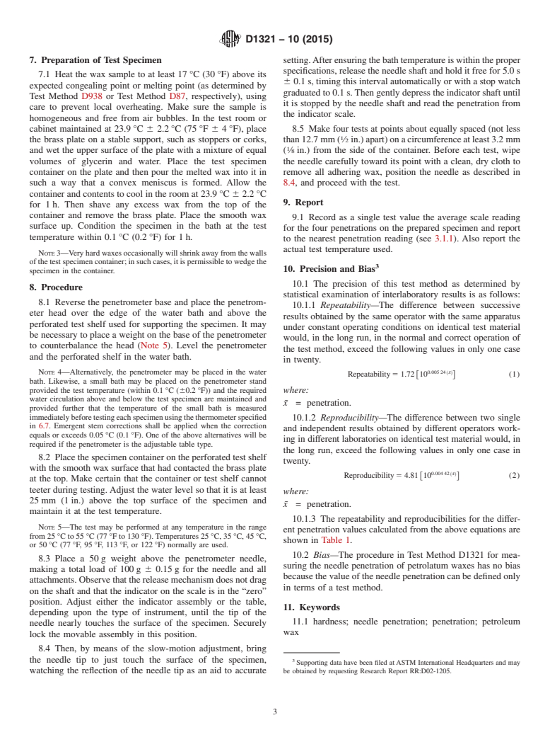 ASTM D1321-10(2015) - Standard Test Method for  Needle Penetration of Petroleum Waxes