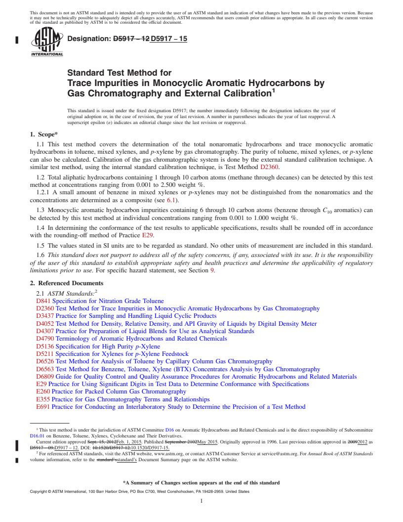REDLINE ASTM D5917-15 - Standard Test Method for Trace Impurities in Monocyclic Aromatic Hydrocarbons by Gas   Chromatography and External Calibration