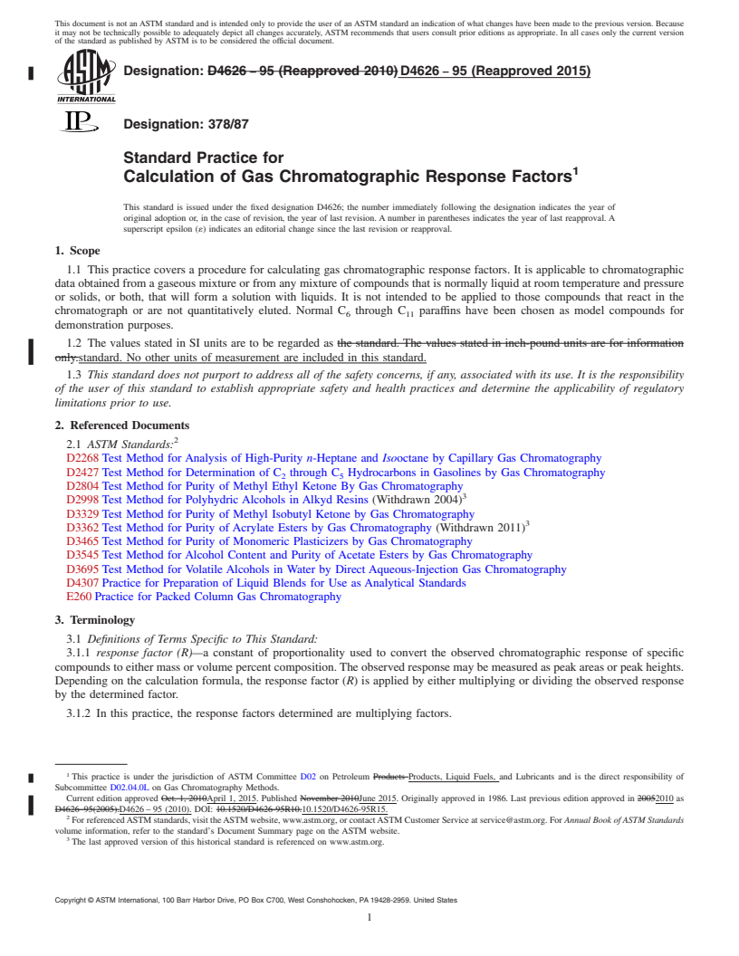 REDLINE ASTM D4626-95(2015) - Standard Practice for  Calculation of Gas Chromatographic Response Factors