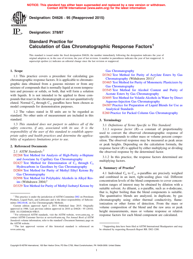 ASTM D4626-95(2015) - Standard Practice for  Calculation of Gas Chromatographic Response Factors