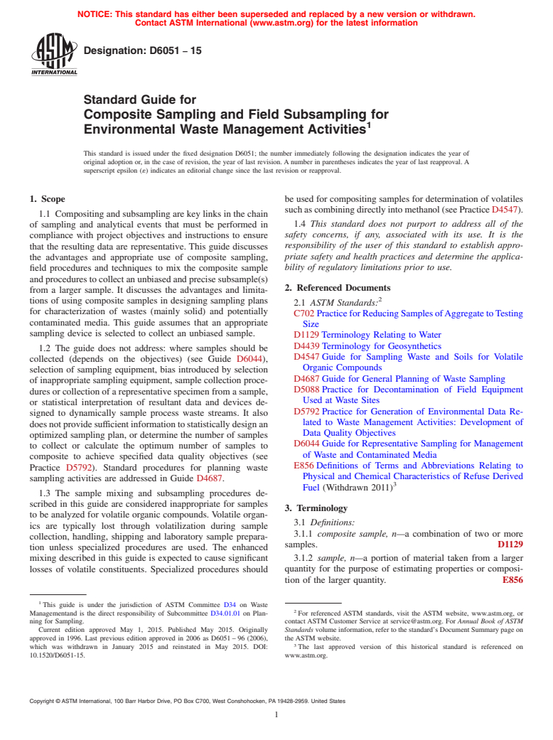 ASTM D6051-15 - Standard Guide for  Composite Sampling and Field Subsampling for Environmental  Waste Management Activities