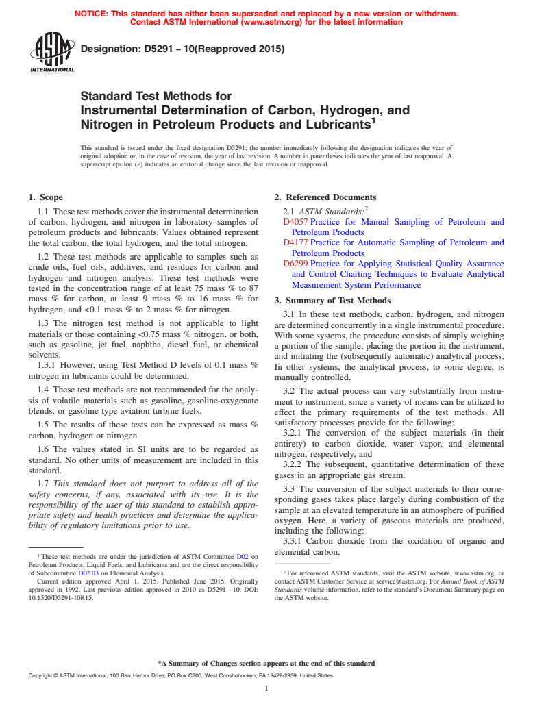 ASTM D5291-10(2015) - Standard Test Methods for  Instrumental Determination of Carbon, Hydrogen, and Nitrogen   in Petroleum Products and Lubricants