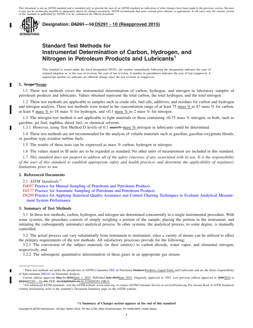 REDLINE ASTM D5291-10(2015) - Standard Test Methods for  Instrumental Determination of Carbon, Hydrogen, and Nitrogen   in Petroleum Products and Lubricants