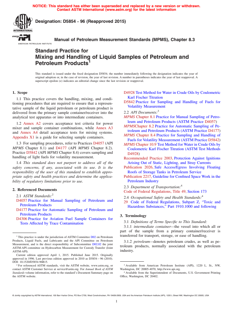 ASTM D5854-96(2015) - Standard Practice for Mixing and Handling of Liquid Samples of Petroleum and Petroleum   Products