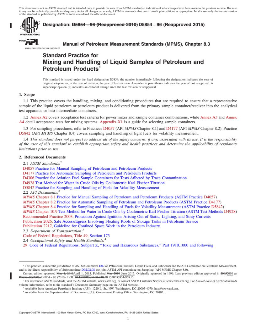 REDLINE ASTM D5854-96(2015) - Standard Practice for Mixing and Handling of Liquid Samples of Petroleum and Petroleum   Products