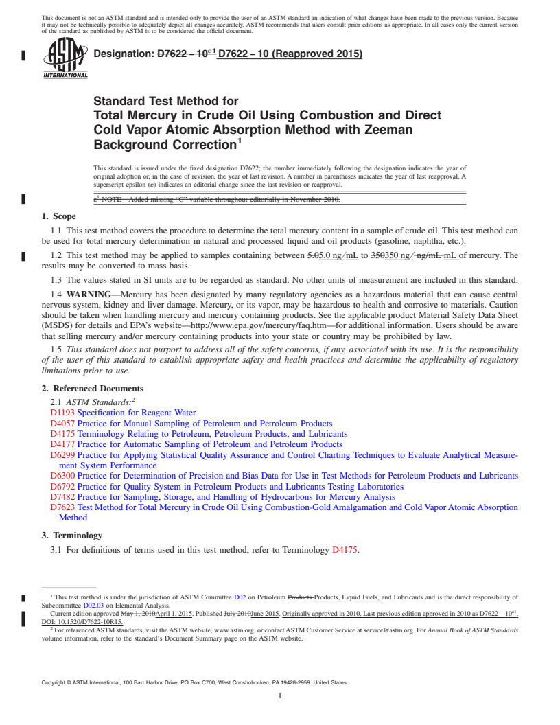 REDLINE ASTM D7622-10(2015) - Standard Test Method for  Total Mercury in Crude Oil Using Combustion and Direct Cold  Vapor Atomic Absorption Method with Zeeman Background Correction