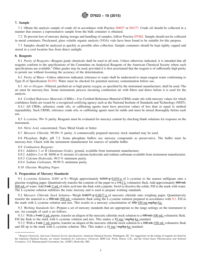 REDLINE ASTM D7623-10(2015) - Standard Test Method for  Total Mercury in Crude Oil Using Combustion-Gold Amalgamation  and Cold Vapor Atomic Absorption Method