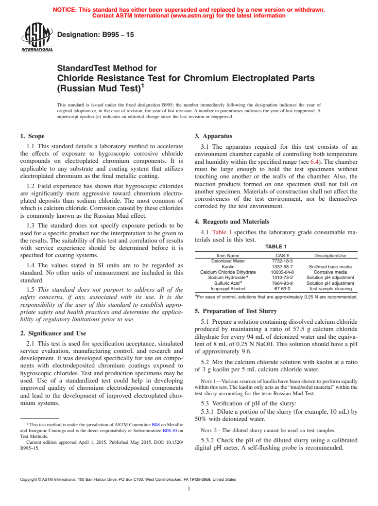 ASTM B995-15 - Standard Test Method for Chloride Resistance Test for Chromium Electroplated Parts (Russian  Mud Test)