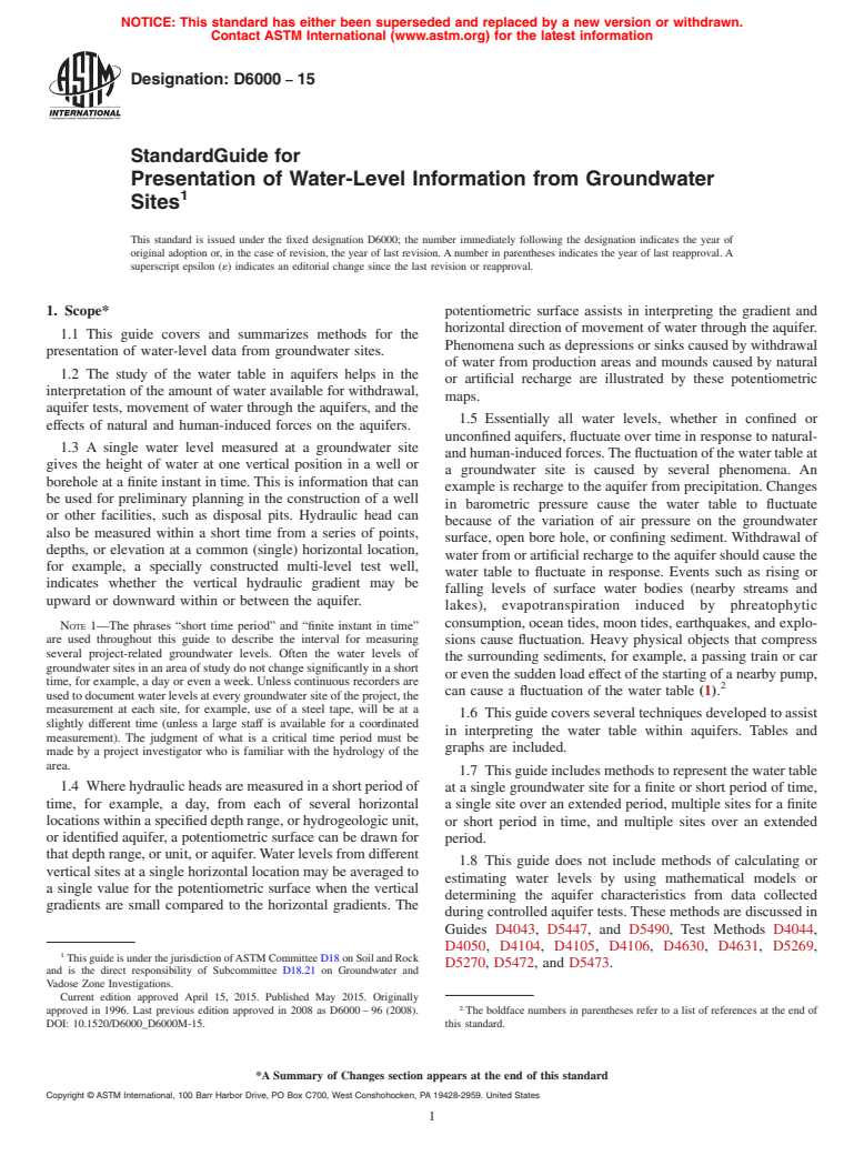 ASTM D6000-15 - Standard Guide for  Presentation of Water-Level Information from Groundwater Sites