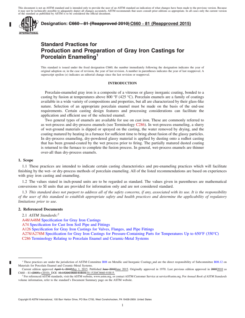 REDLINE ASTM C660-81(2015) - Standard Practices for  Production and Preparation of Gray Iron Castings for Porcelain   Enameling