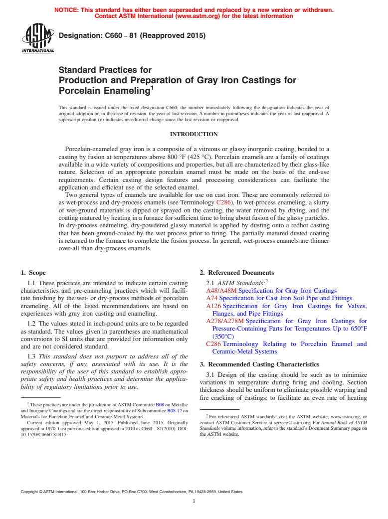 ASTM C660-81(2015) - Standard Practices for  Production and Preparation of Gray Iron Castings for Porcelain   Enameling