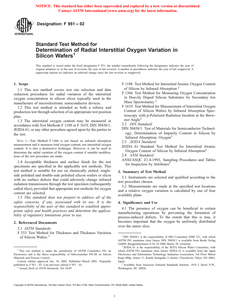 ASTM F951-02 - Standard Test Method for Determination of Radial Interstitial Oxygen Variation in Silicon Wafers (Withdrawn 2003)