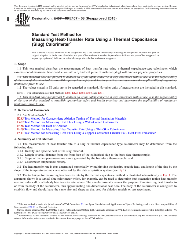 REDLINE ASTM E457-08(2015) - Standard Test Method for  Measuring Heat-Transfer Rate Using a Thermal Capacitance (Slug)  Calorimeter