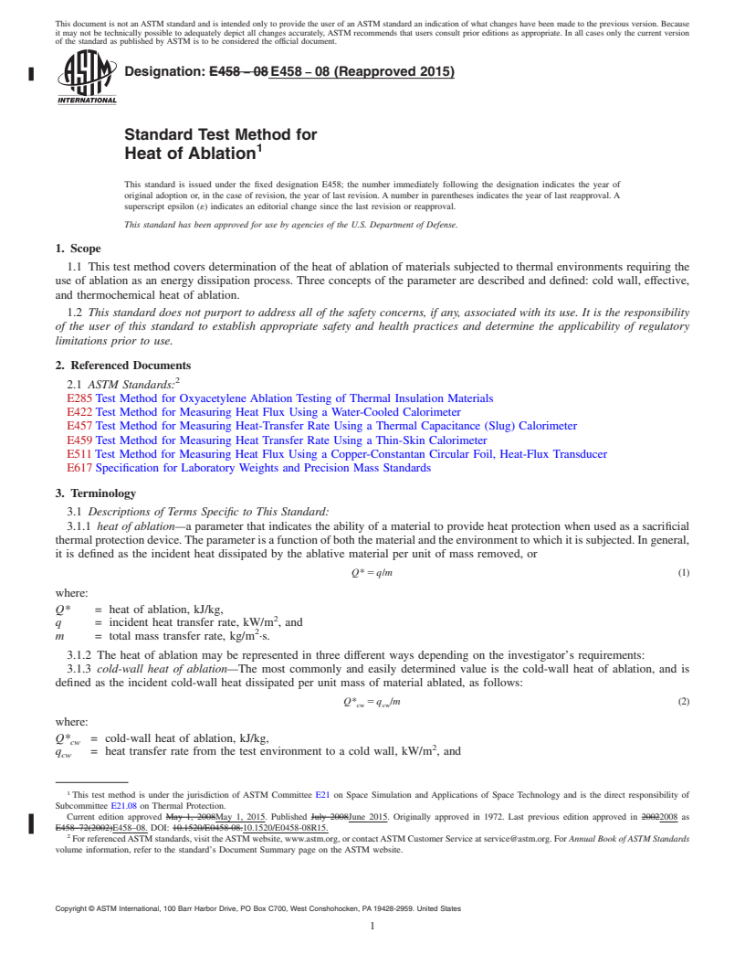 REDLINE ASTM E458-08(2015) - Standard Test Method for  Heat of Ablation