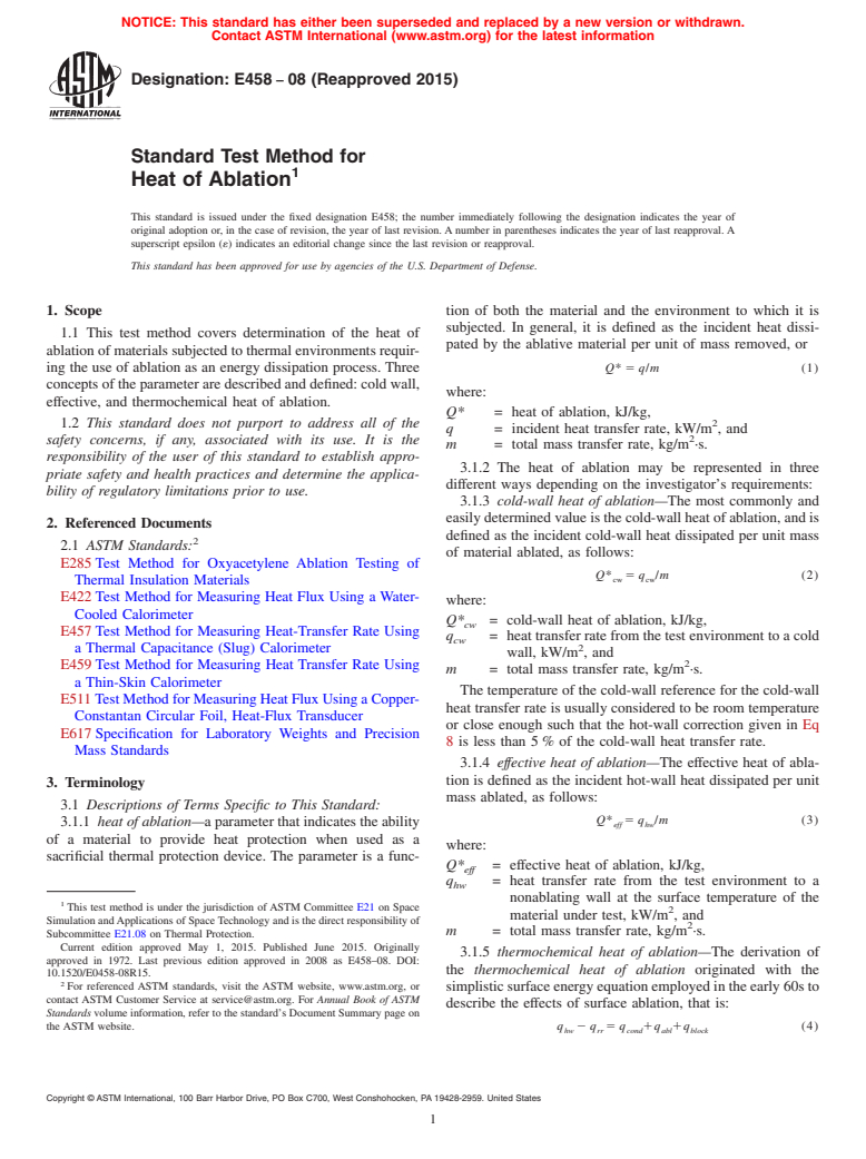 ASTM E458-08(2015) - Standard Test Method for  Heat of Ablation