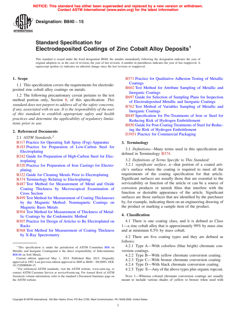 ASTM B840-15 - Standard Specification for  Electrodeposited Coatings of Zinc Cobalt Alloy Deposits