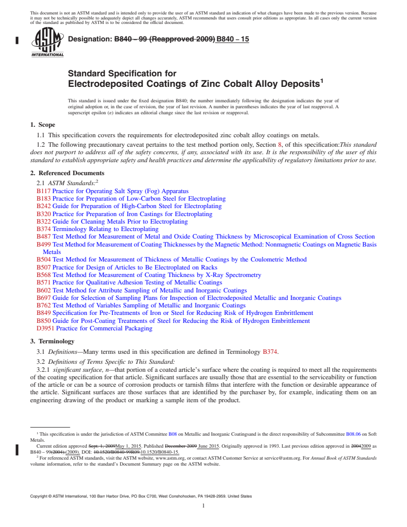 REDLINE ASTM B840-15 - Standard Specification for  Electrodeposited Coatings of Zinc Cobalt Alloy Deposits