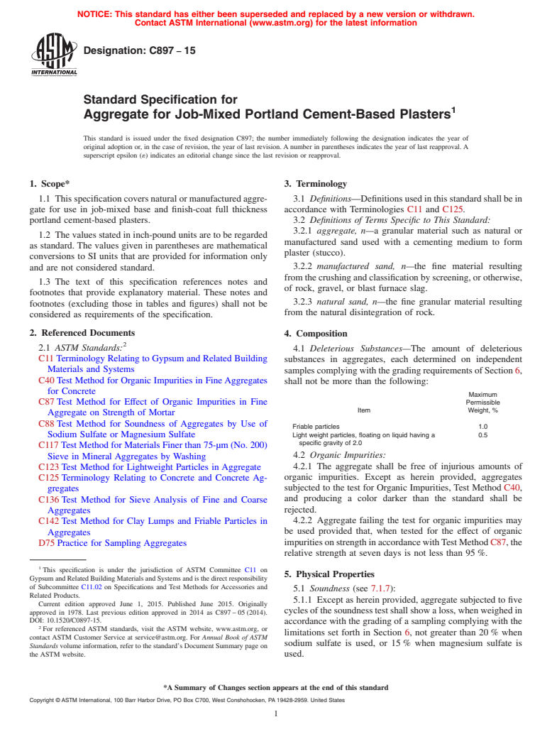 ASTM C897-15 - Standard Specification for  Aggregate for Job-Mixed Portland Cement-Based Plasters