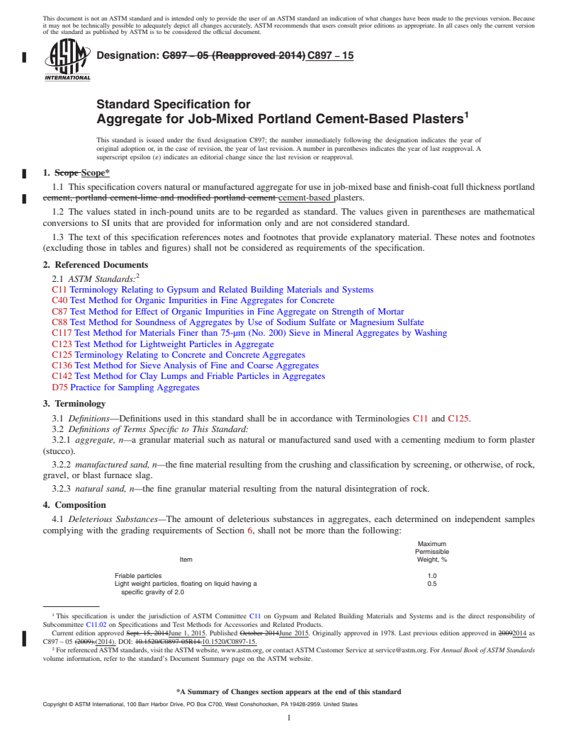 REDLINE ASTM C897-15 - Standard Specification for  Aggregate for Job-Mixed Portland Cement-Based Plasters