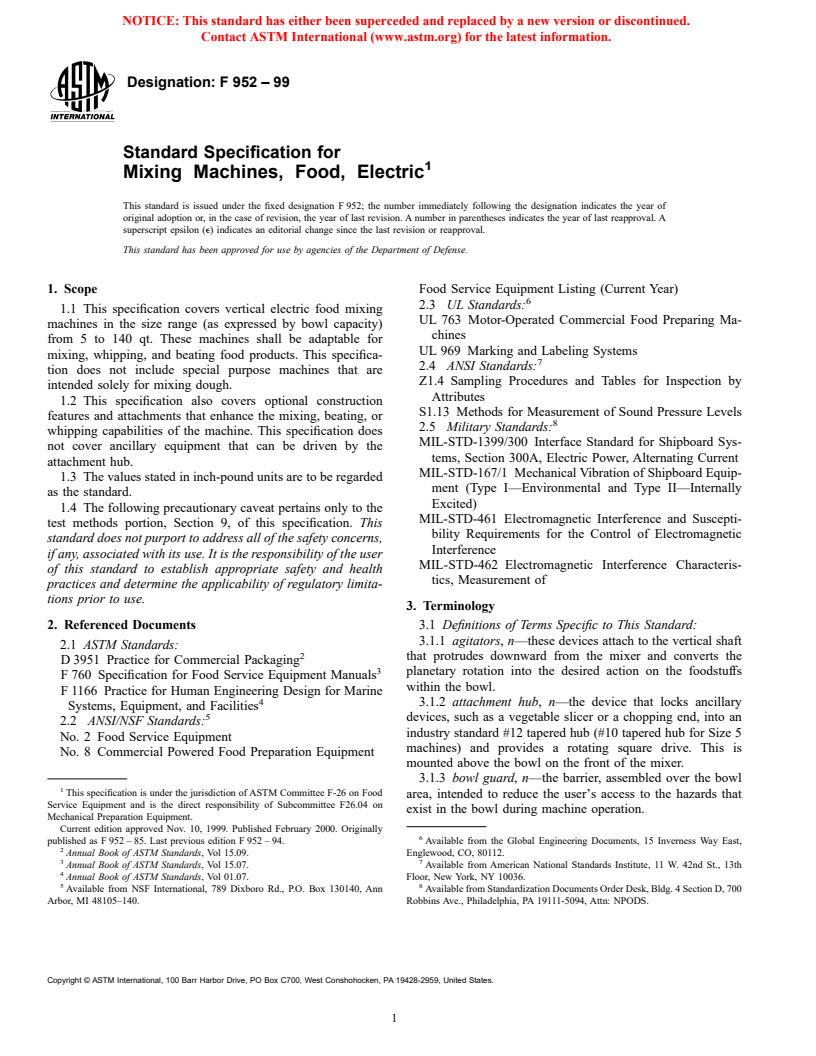 ASTM F952-99 - Standard Specification for Mixing Machines, Food, Electric