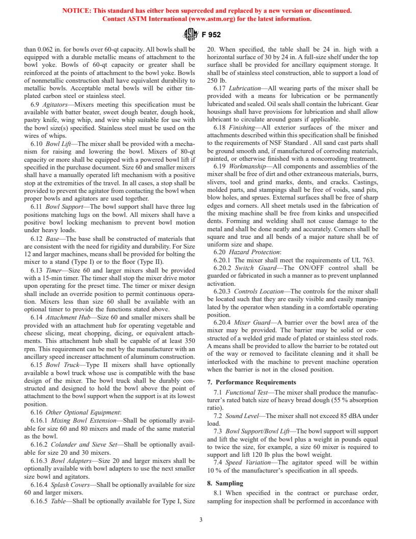 ASTM F952-99 - Standard Specification for Mixing Machines, Food, Electric