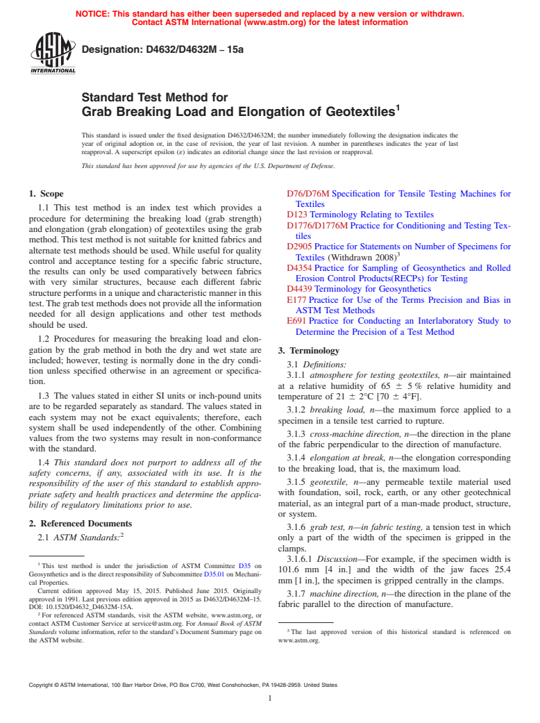 ASTM D4632/D4632M-15a - Standard Test Method for Grab Breaking Load and Elongation of Geotextiles