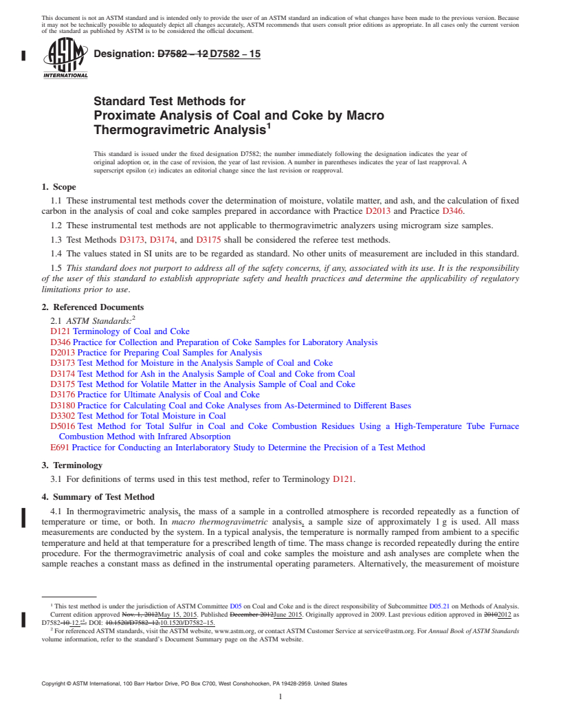 REDLINE ASTM D7582-15 - Standard Test Methods for  Proximate Analysis of Coal and Coke by Macro Thermogravimetric  Analysis