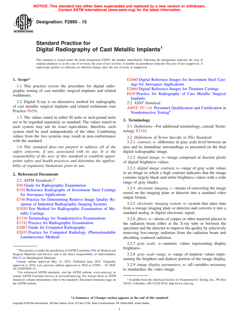 ASTM F2895-15 - Standard Practice for  Digital Radiography of Cast Metallic Implants