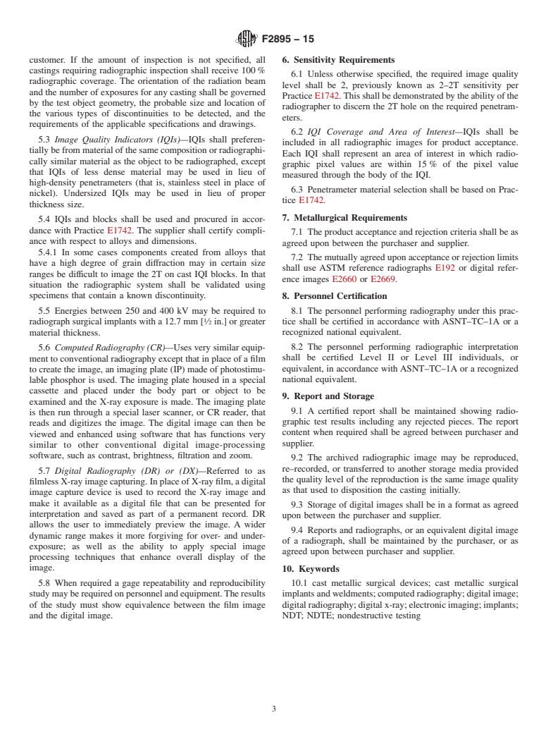 ASTM F2895-15 - Standard Practice for  Digital Radiography of Cast Metallic Implants