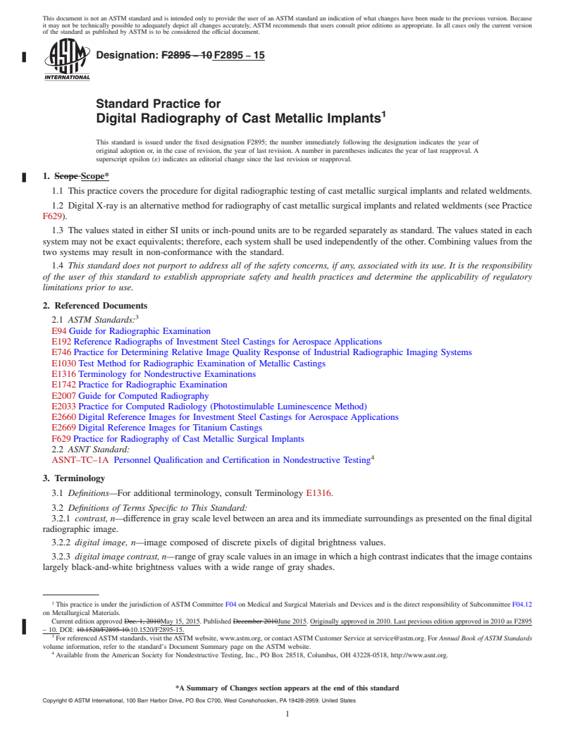 REDLINE ASTM F2895-15 - Standard Practice for  Digital Radiography of Cast Metallic Implants