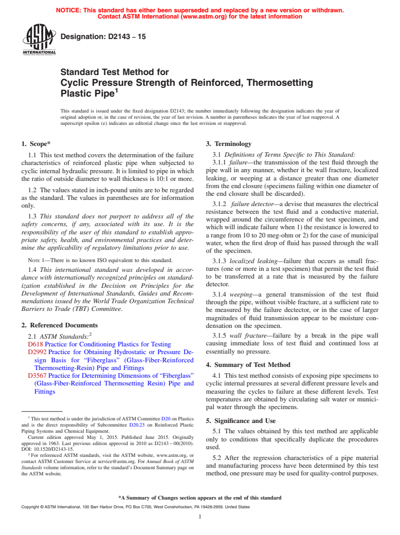 ASTM D2143-15 - Standard Test Method for  Cyclic Pressure Strength of Reinforced, Thermosetting Plastic  Pipe