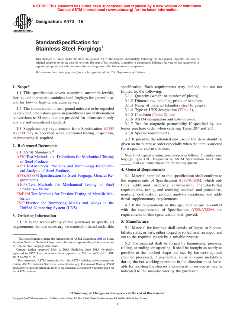 ASTM A473-15 - Standard Specification for Stainless Steel Forgings