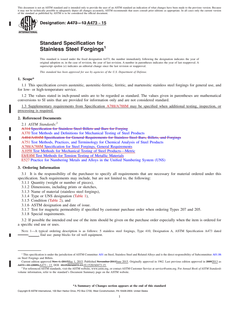 REDLINE ASTM A473-15 - Standard Specification for Stainless Steel Forgings