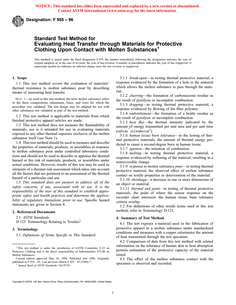 ASTM F955-96 - Standard Test Method for Evaluating Heat Transfer through Materials for Protective Clothing Upon Contact with Molten Substances