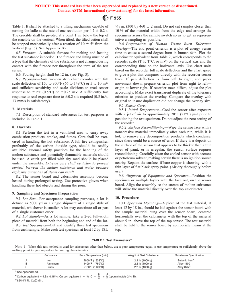 ASTM F955-96 - Standard Test Method for Evaluating Heat Transfer through Materials for Protective Clothing Upon Contact with Molten Substances