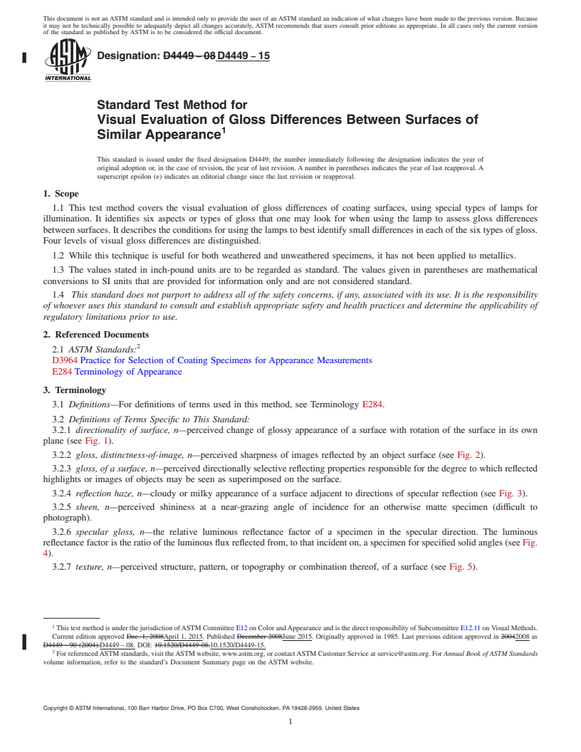 REDLINE ASTM D4449-15 - Standard Test Method for Visual Evaluation of Gloss Differences Between Surfaces of  Similar Appearance