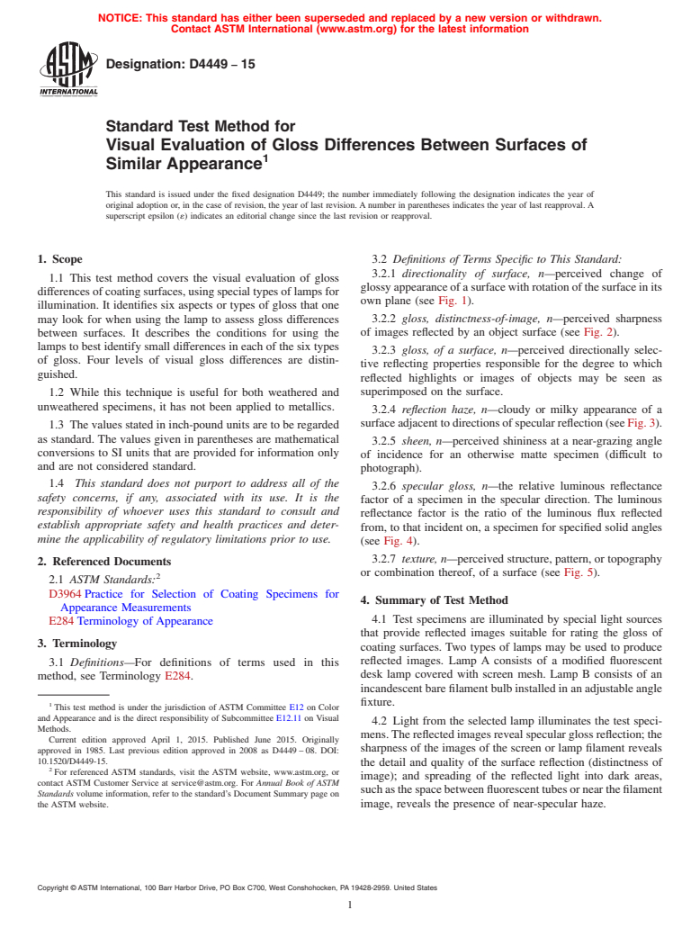 ASTM D4449-15 - Standard Test Method for Visual Evaluation of Gloss Differences Between Surfaces of  Similar Appearance