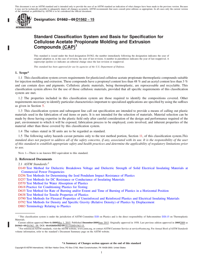 REDLINE ASTM D1562-15 - Standard Classification System and Basis for Specification for Cellulose Acetate Propionate Molding and Extrusion Compounds  (CAP)