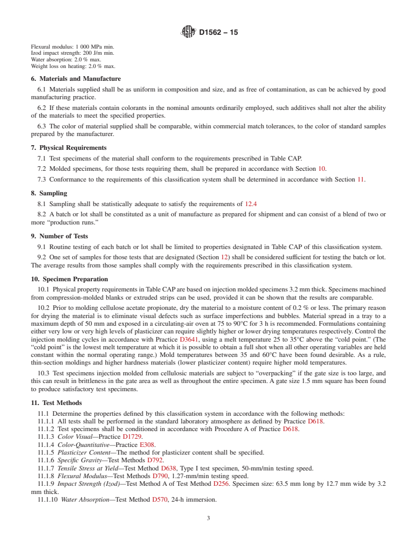 REDLINE ASTM D1562-15 - Standard Classification System and Basis for Specification for Cellulose Acetate Propionate Molding and Extrusion Compounds  (CAP)