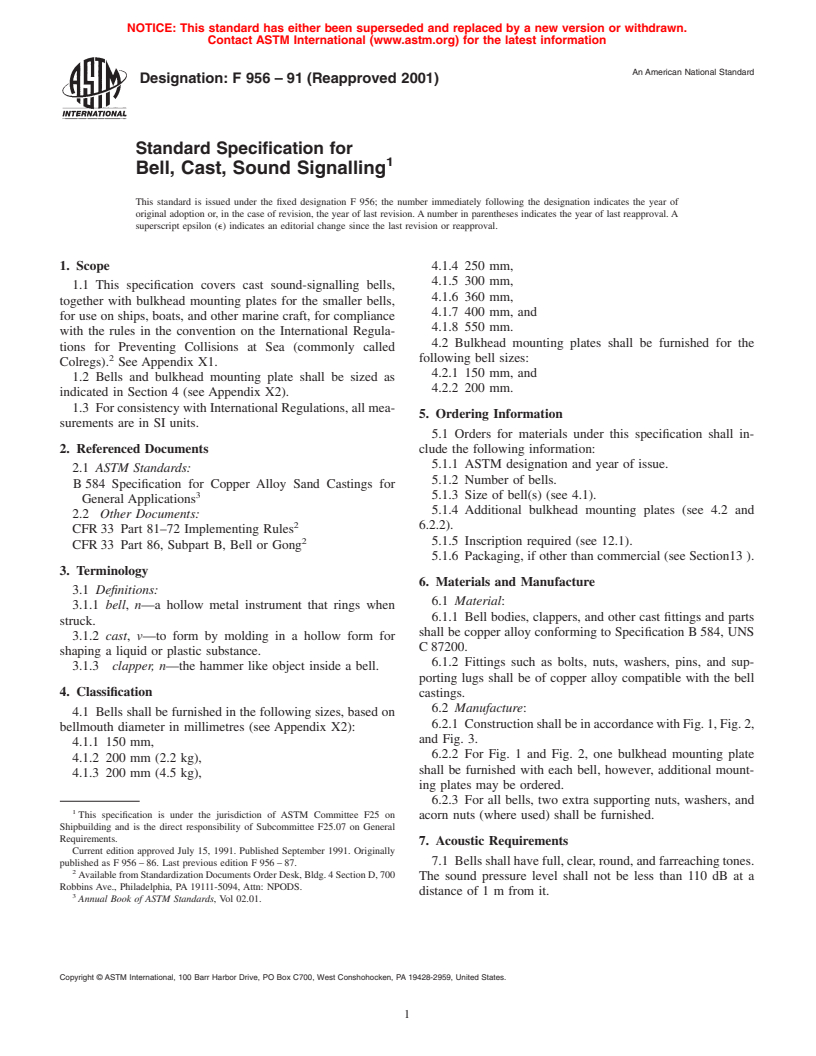 ASTM F956-91(2001) - Standard Specification for Bell, Cast, Sound Signalling