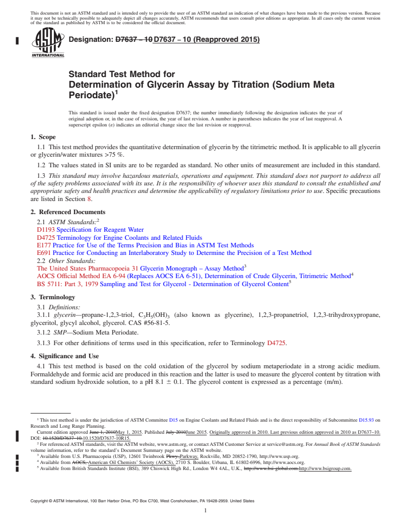 REDLINE ASTM D7637-10(2015) - Standard Test Method for Determination of Glycerin Assay by Titration (Sodium Meta Periodate)