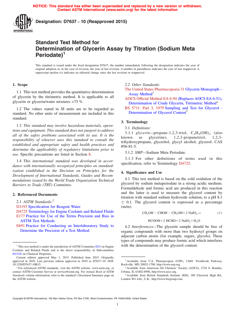 ASTM D7637-10(2015) - Standard Test Method for Determination of Glycerin Assay by Titration (Sodium Meta Periodate)